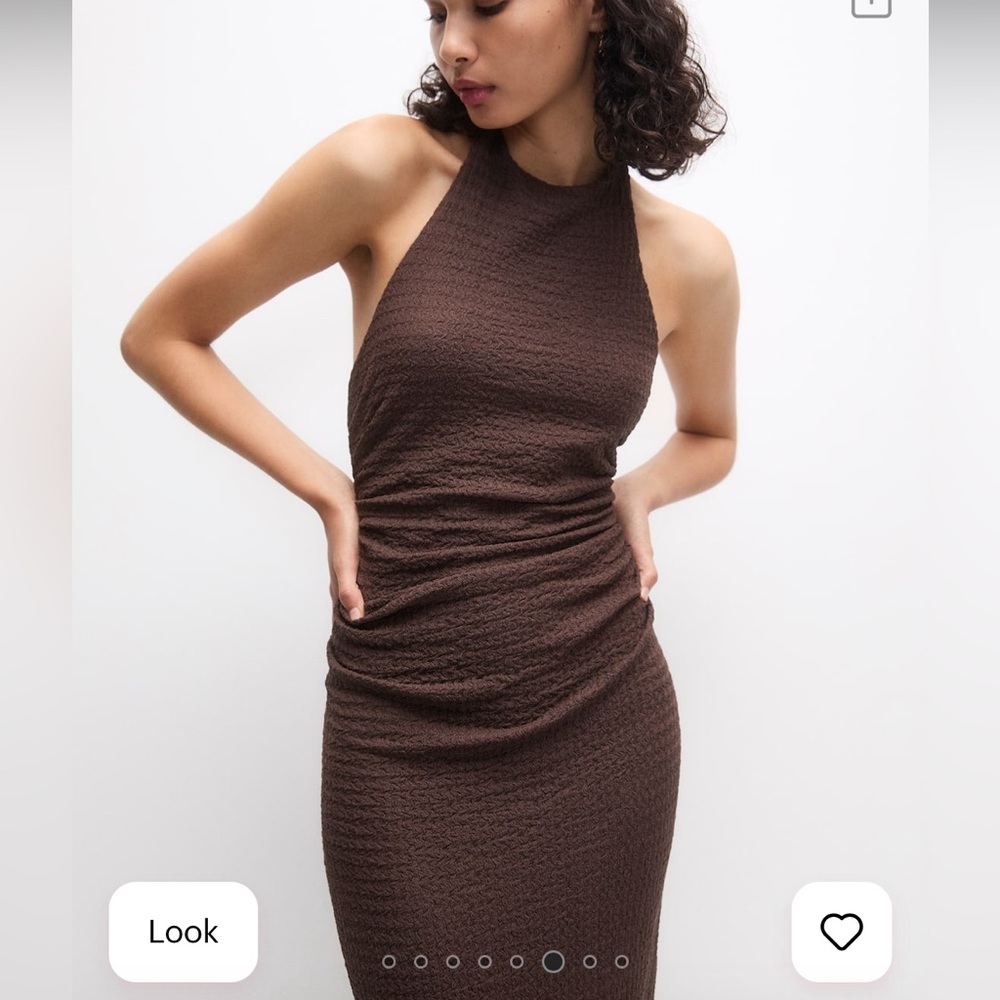 Pull & Bear Textured Halter Midi Dress Brown